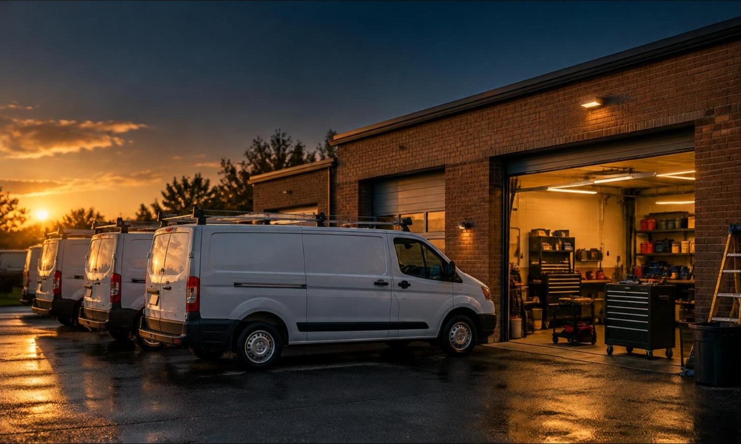 Service vans outside a small commercial building at golden hour